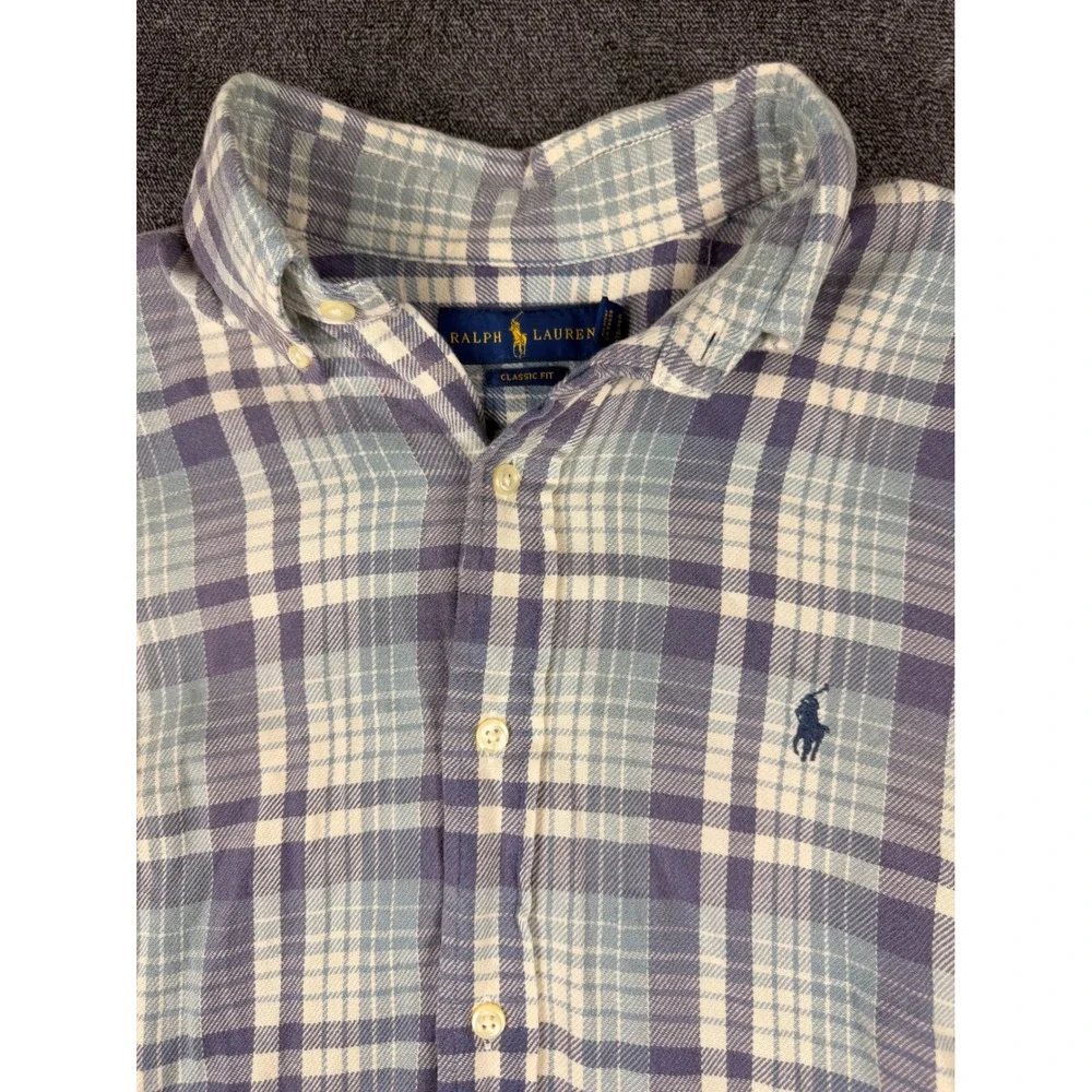 Polo Ralph Lauren Mens Classic Fit Blue White Plaid Cotton Button Down Flannel M